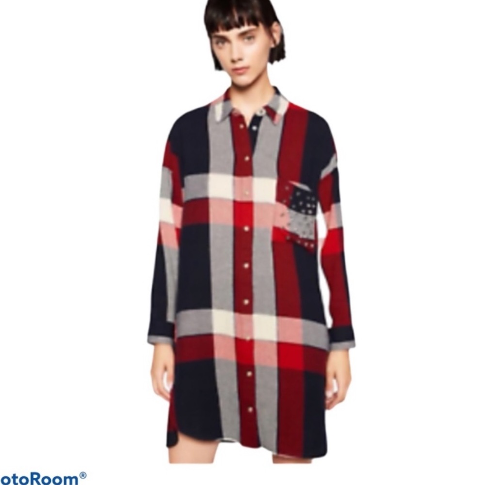 Zara Flannel Shirt Dress in Plaid with Studs Red